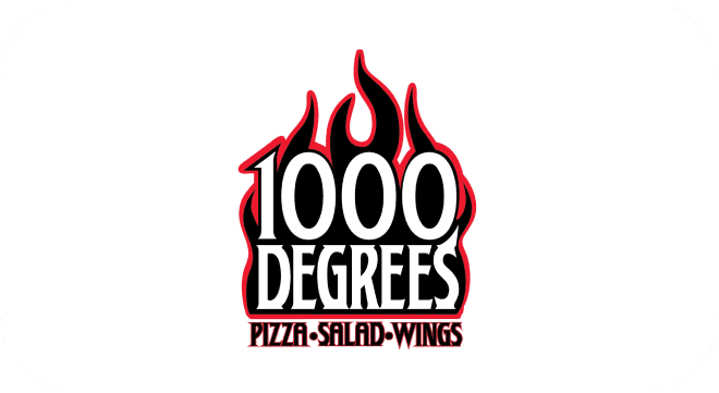 1000 Degrees logo with text on fire in black, red, and white colors