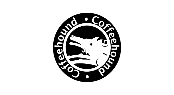 Coffeehound logo with a wolf illustration inside a black circle