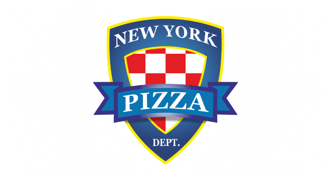 New York Pizza logo with a badge in blue, red, and white colors