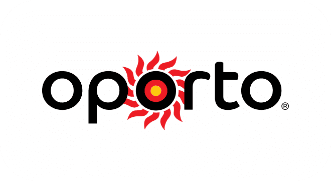 Oporto logo with black text and a red sun.