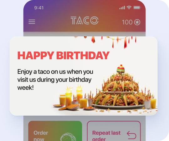 Restaurant mobile app with automated birthday greetings